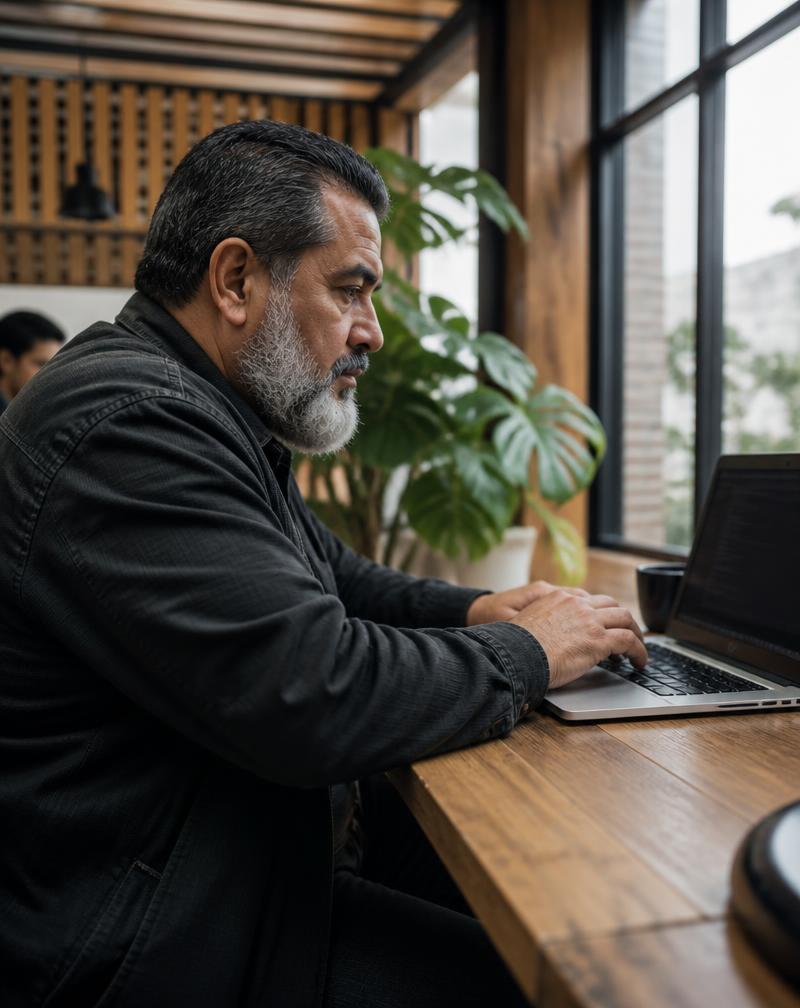 A man working on a laptop by a large window in a plant-filled coworking space