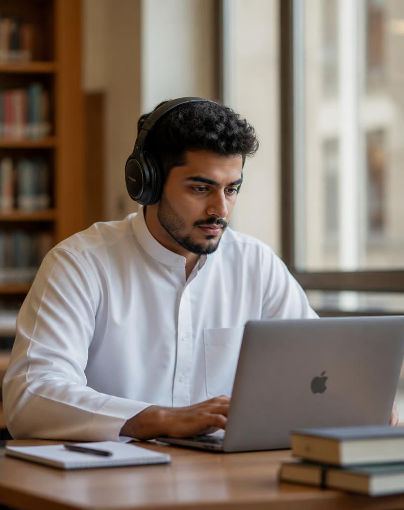 A young man with headphones focused on his laptop at a bright library table
